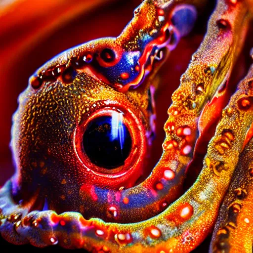 Image similar to fiery whimsical emotional eyes cephalopod, in a photorealistic macro photograph with shallow dof