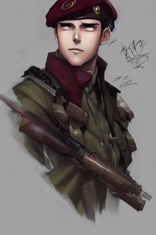 Image similar to beautiful portrait commission military clothes maroon beret. Atmospheric. Character design by charlie bowater, ross tran, artgerm, and makoto shinkai, detailed, inked, western comic book art. male anthro!!! fruit bat shark hybrid