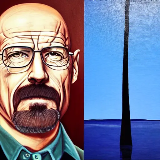 Image similar to an optical illusion painting of Walter white amidst a painting of trees water and sky