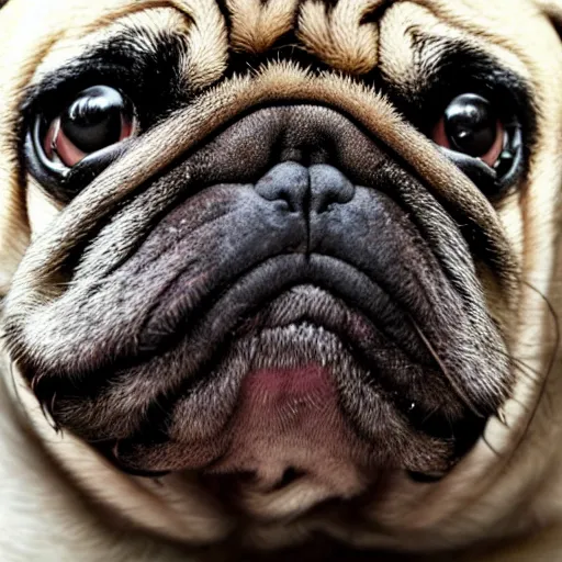 Image similar to the world's most ugliest pug, extreme amount of folds, mangled teeth