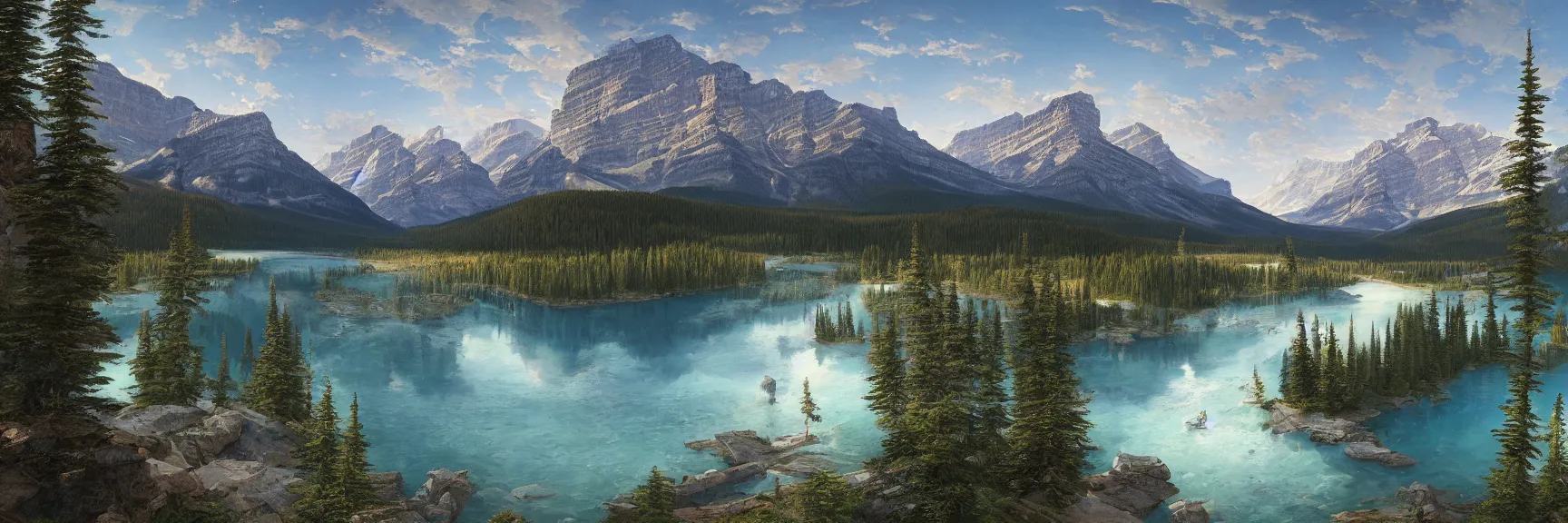 Prompt: a beautiful panoramic landscape painting of banff national park. by asher brown durand and marc simonetti, trending on artstation hq 8k