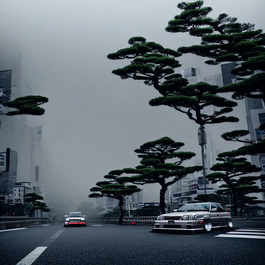 Prompt: car in center JZX100 twin turbo drift on a road, surrounded by trees and buidlings in Tokyo prefecture, rooftops are Japanese architecture, city at sunset heavy mist over streetlights, cinematic lighting, photorealistic, detailed wheels, highly detailed