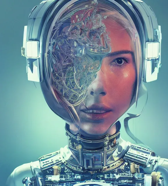 Image similar to hyperrealistic portrait of a woman monster astronaut, sofia coppola, cybernetic details, well lit, intricate abstract. gucci style, intricate artwork, high detail, figurative art, multiple exposure, poster art, 3 d, by stanley kubrick and tooth wu and wlop and beeple, realistic, hyperdetailed, 8 k resolution.