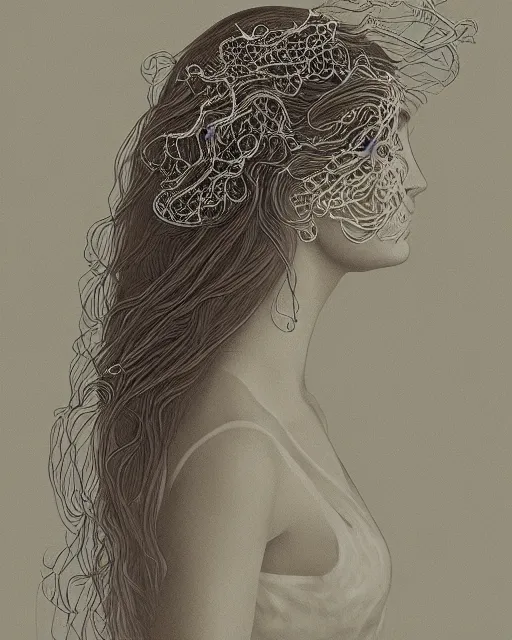 Image similar to a woman's face in profile, long flowing hair entwined in a coral reef, made of intricate decorative lace leaf, in the style of the dutch masters and gregory crewdson, dark and moody