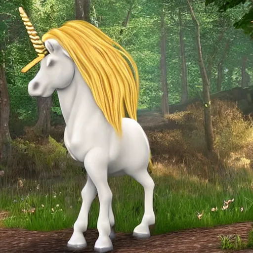 Prompt: golden hair, unicorn in the woods, unreal engine