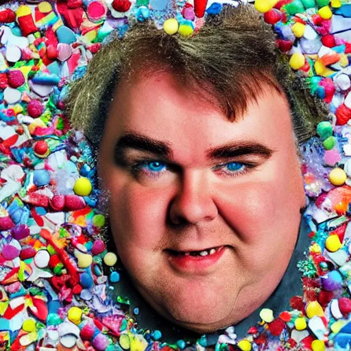 Prompt: a portrait of of john candy constructed from candy, collage, drop shadow, organic, layered composition, layers, texture, mcu, petals, highly textured, layered, sculpted, dynamic,