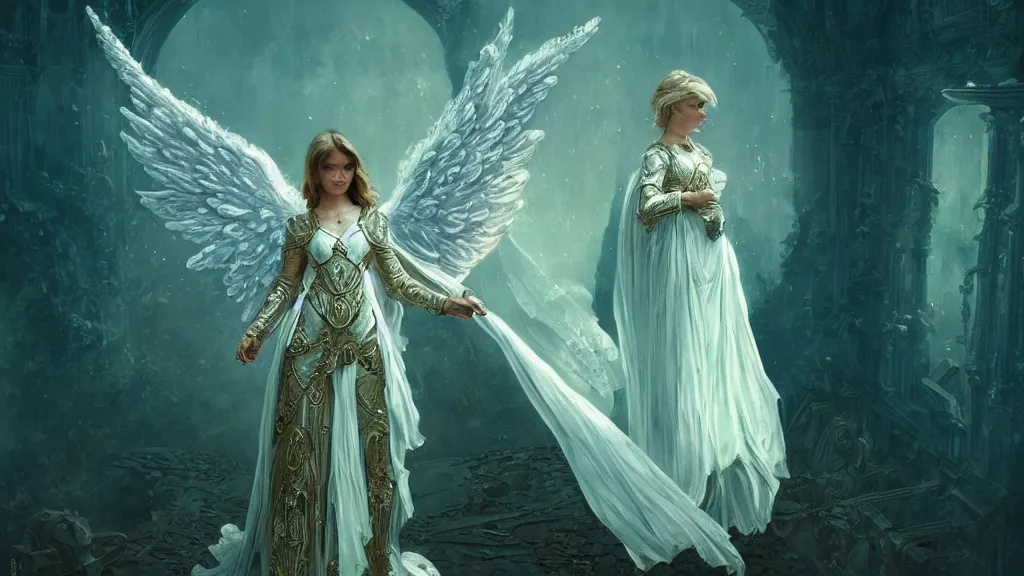 Image similar to angel, big wings, low key light, full plate armor with cloth, f 1 6, bokeh, medium portrait, gentle, female, ornate city ruins, landscape, d & d, fantasy, intricate, elegant, highly detailed, teal white gold color palette, roger deakins, sharp focus, greg rutkowski and alphonse mucha