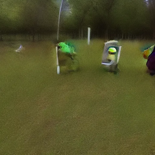 Prompt: teletubbies on cemetery trail camera footage
