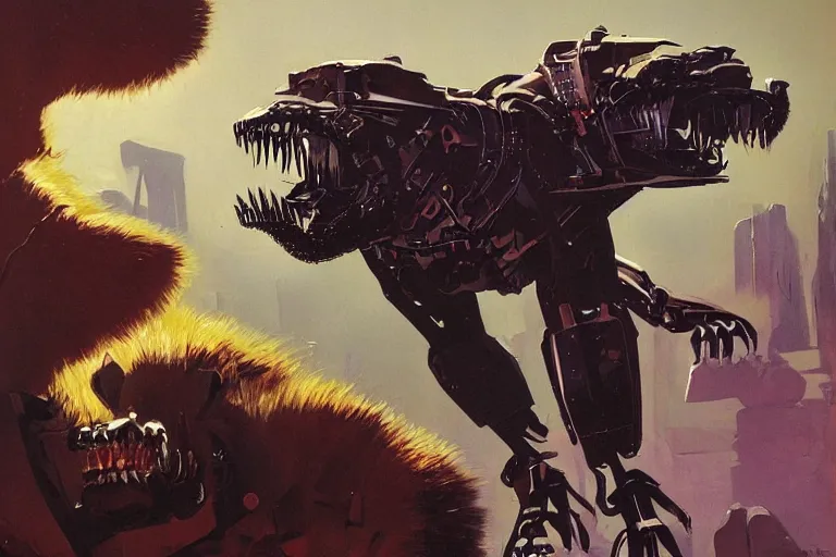 Prompt: face of a ferocious bionic werewolf robot with sharp teeth by Paul Lehr by Syd Mead