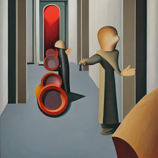 Image similar to first - person view of a stark concrete maze with people looking into portholes, ( ( ( grant wood ) ) ), pj crook, ( ( ( ( ( ( edward hopper ) ) ) ) ) ), oil on canvas