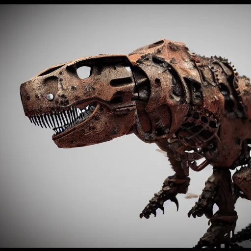 Image similar to a t-rex with rusty metal gears place on its articulations, the gears match the articulation, octane render, 3D