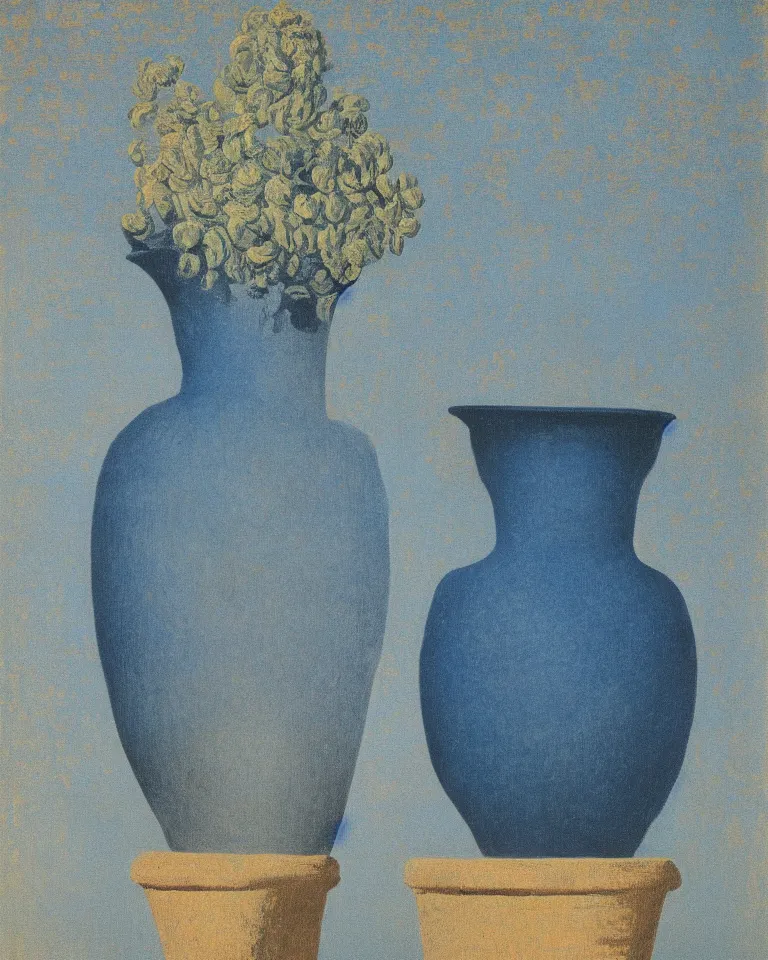 Image similar to achingly beautiful print of one painted ancient greek vase on baby blue background by rene magritte, monet, and turner. symmetrical.