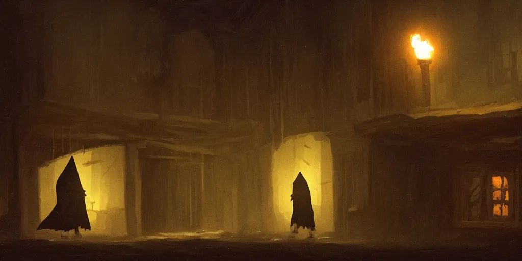 Image similar to a hooded figure carrying a torch approaches an abandoned tavern on a moonlit night, Mike Mignola and Greg Rutkowski