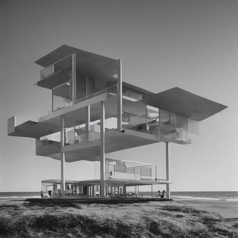 Prompt: architecture ad for a mid-century modern house on the beach, designed by Norman Foster. Film grain, cinematic, yellow hue