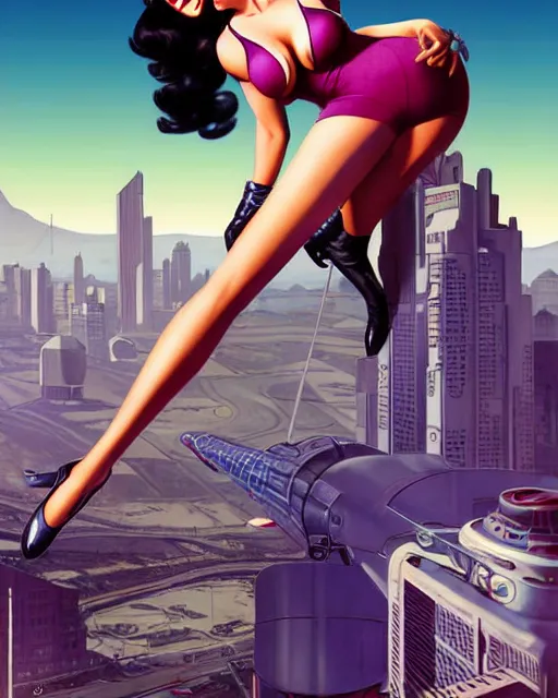 Prompt: gta v, beautiful retro space megan fox varga girl posing on a space ship in diesel punk city, windblown dark hair, retro pinup model, seductive, 1 9 4 0, hyper detailed, digital art, smooth, sharp focus, gil elvgren, anna dittmann alberto vargas,