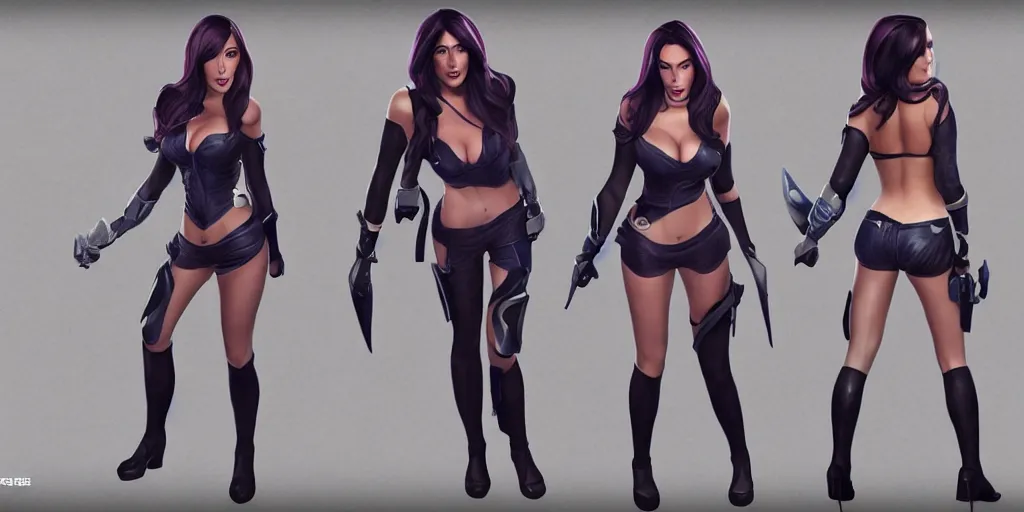 Image similar to character sheet of Megan Fox dressed like Caitlyn in the game League of Legends, with a background based on the game League of Legends, unreal engine 5