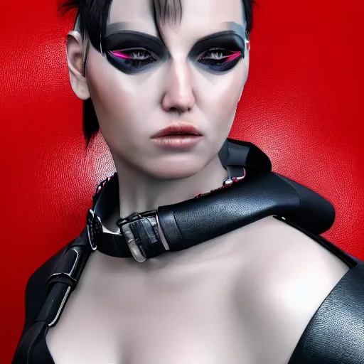 Prompt: realistic digital artwork of cyberpunk female wearing thick leather and steel collar, 4K, red highlights, symmetrical,