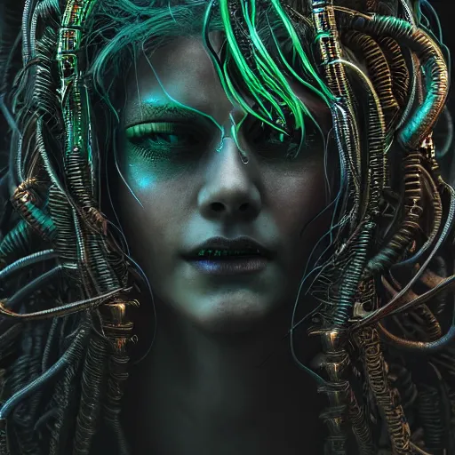 Image similar to Cyberpunk medusa, dark atmosphere, cinematic shot, intricate, ornate, photorealistic, ultra detailed, realistic, 35mm, photography, neon, octane, high definition, depth of field, bokeh, 8k, artstation