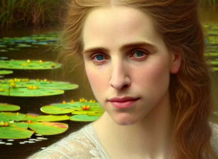 Image similar to 8K, soft light, warm volumetric lighting, highly detailed, brit marling style 3/4 ,view from above of close-up portrait photo of a beautiful woman how pre-Raphaelites painter, face is emerging of a pond with beautiful water lilies, she has a beautiful lace dress and hair are intricate with highly detailed realistic beautiful flowers , Realistic, Refined, Highly Detailed, natural outdoor soft pastel lighting colors scheme, faded colors, outdoor fine art photography, Hyper realistic, photo realistic,warm lighting,