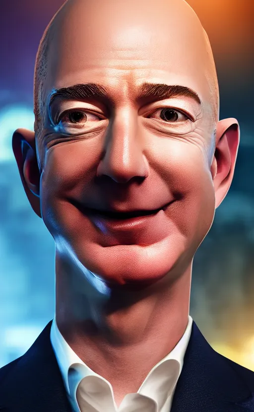 Prompt: Portrait of Jeff Bezos selling a new type of sausage, splash art, movie still, cinematic lighting, dramatic, octane render, long lens, shallow depth of field, bokeh, anamorphic lens flare, 8k, hyper detailed, 35mm film grain