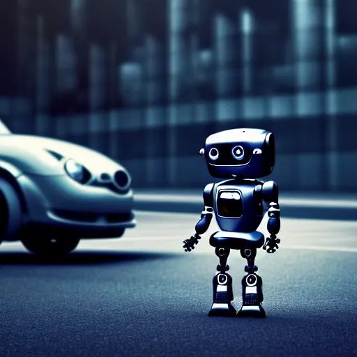 Prompt: a cute little robot at front of a car. super realistic 8 k render of a dark hooded powerful elegant, cinematic composition