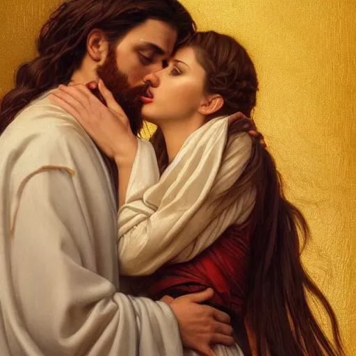 Image similar to jesus kissing a sensual woman in jerusalem, elegant, highly detailed, digital painting, artstation, concept art, matte, sharp focus, highly detailed, 4 k, hdr, smooth, sharp focus, high resolution, award - winning photo, photorealistic, art by artgerm and greg rutkowski and alphonse mucha, large shot