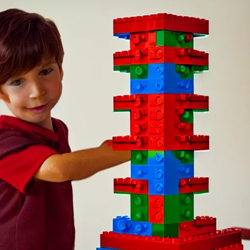 Image similar to a little boy lego minifigure with red hair builds a tower out of lego