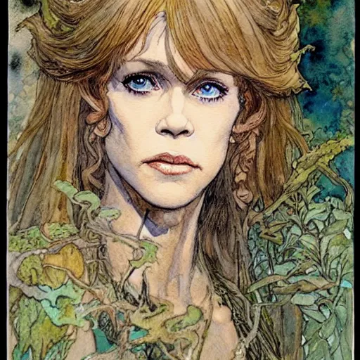 Prompt: a realistic and atmospheric watercolour fantasy character concept art portrait of a young jane fonda in her 2 0 s as a druidic warrior wizard looking at the camera with an intelligent gaze by rebecca guay, michael kaluta, charles vess and jean moebius giraud