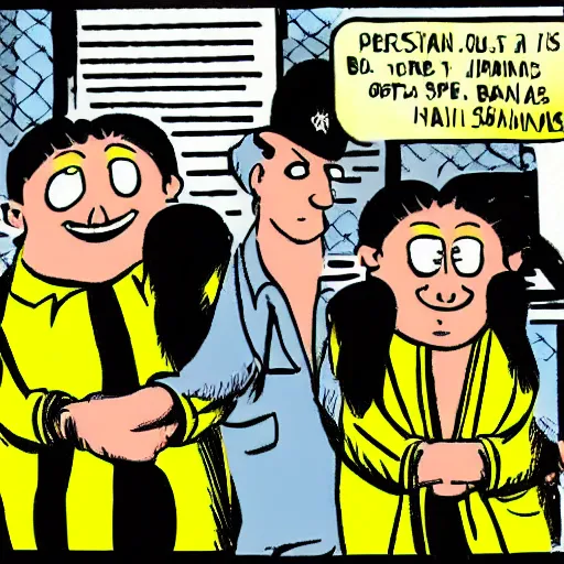 Image similar to Bananas in Pajamas in a penitentiary, newspaper comic-style