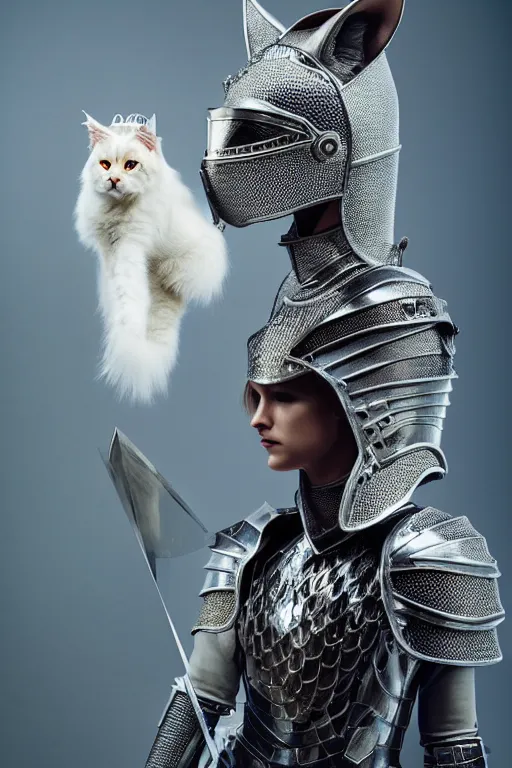 Image similar to female knight wearing a real cat on her head, armor designed by wayne barlowe, swarovski and tiffany, blonde hair, symmetry, sci - fi, cinematic, elegant, luxury, perfect light, perfect composition, dlsr photography, sharp focus, dark fantasy, 4 k, ultra hd, sense of awe, highly detailed, realistic, intricate