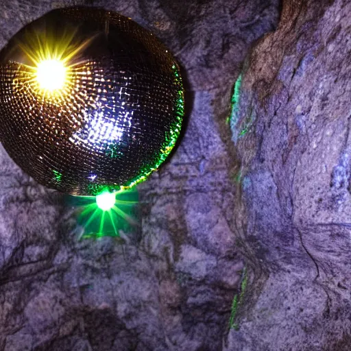 Prompt: disco ball illuminating a rocky cave