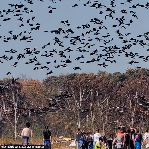 Image similar to photo of crows flying above the accident, people say that they are the incarnation of the spirit who died