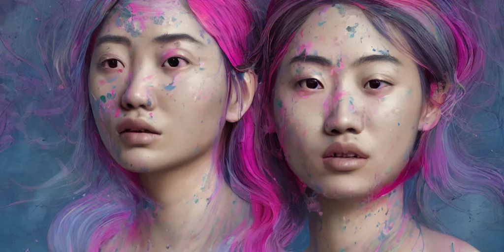 Prompt: a portrait of a very beautiful young asian goddess with pink and grey hair radiating an artwork made of swirling paint and impasto, sleepy eyes by wlop and monia merlo and fintan magee, background is multicoloured volumetric displacement, hyperrealism, subsurface scattering, arnold render, noise to volume, 8 k, houdini, xparticles