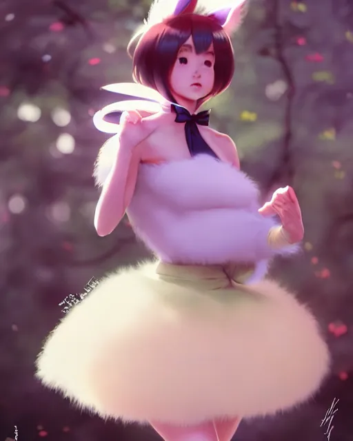 Image similar to photo of eevee pokemon humanisation, in nice fluffy skirt and ribbon, film still, dslr, by greg rutkowski, gil elvgren, enoch bolles, ross tran, artgerm, wlop, glossy skin, pearlescent, very coherent