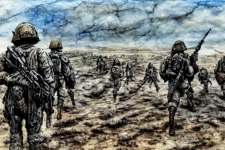 Image similar to war huh what is it good for, photoillustration ink drawing acrylic art digital illustration oil on canvas photorealistic polished sci - fi james gurney filmic stock photo landscape polished photorealistic