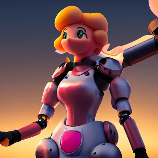 Prompt: character art of princess Peach wearing a personalized robotic battle suit, extreme detail, photorealism, octane render, black background, cinematic lighting.