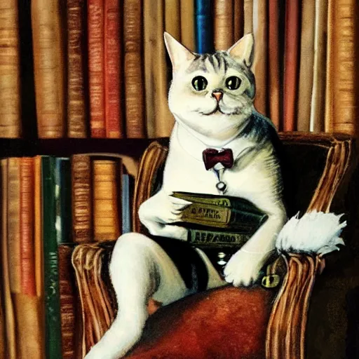 Image similar to a distinguished cat in smoking on armchair with a monocle in a room full of books