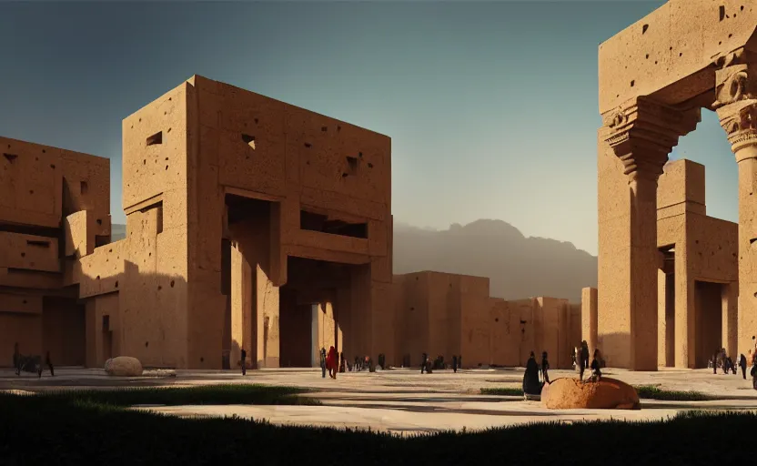 Image similar to exterior shot of utopian ancient persian architecture with cinematic lighting by peter zumthor and renzo piano, darek zabrocki and greg ruthkowski, simon stalenhag, cinematic, holy place, paradise, scifi, futurism, atmospheric, concept art, artstation, trending on artstation