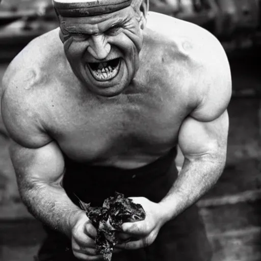 Prompt: a real life popeye the sailor crushing a can of spinach