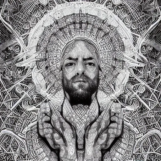 Image similar to Geometrically surreal Jesus, extremely high detail, photorealistic, intricate line drawings, dotart, album art in the style of James Jean