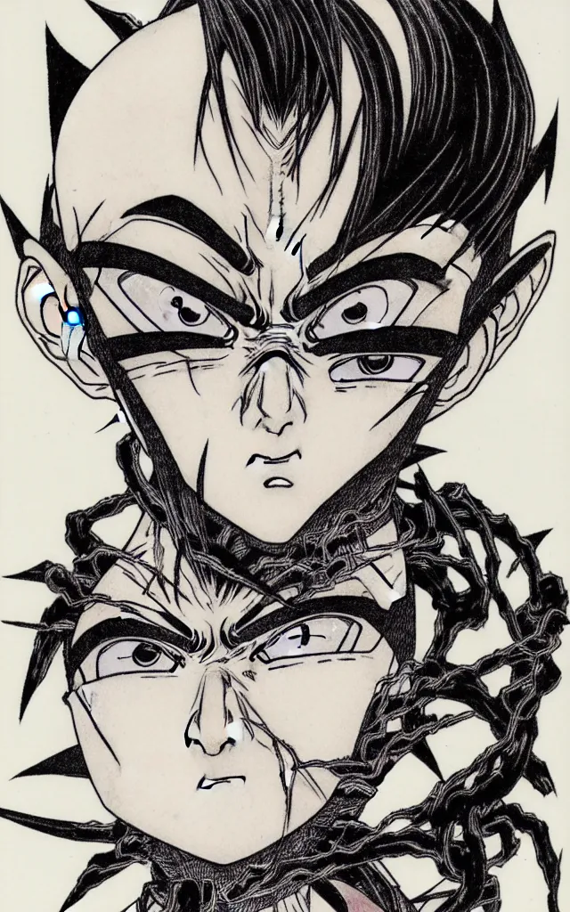 Prompt: prompt: Fragile looking face drawn by Takato Yamamoto, ceramic looking face, cyber parts inspired by Dragon Ball, clean ink detailed line drawing, intricate detail drawing, manga 1990