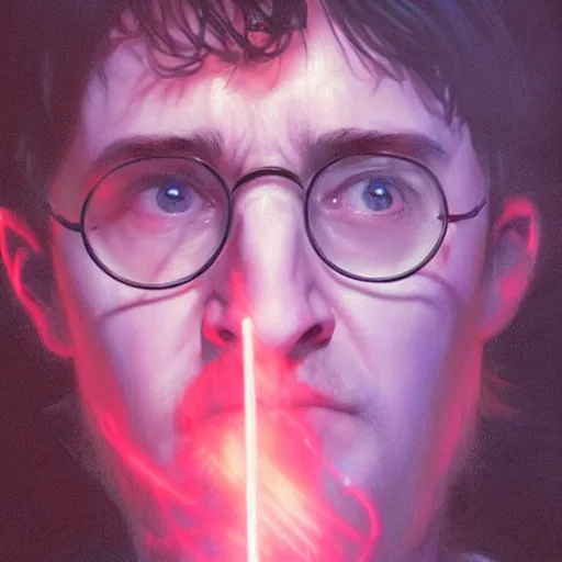 Prompt: closeup portrait of Harry Potter with faciap in cyberpunk, neon lighting, holding laser wand, digital art from artstation by Ruan Jia and Mandy Jurgens and Artgerm and william-adolphe bouguereau and Greg Rutkowski and Wayne Barlowe