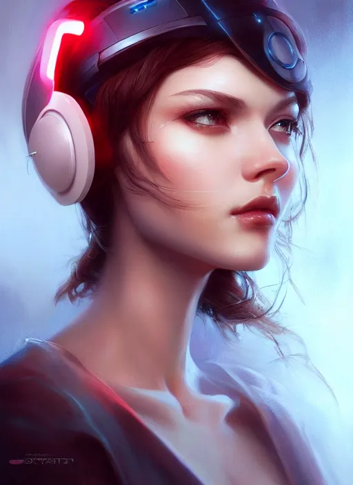 Prompt: a beautiful woman wearing a cyber headset, painted by artgerm and tom bagshaw, fantasy art, dramatic lighting, highly detailed oil painting