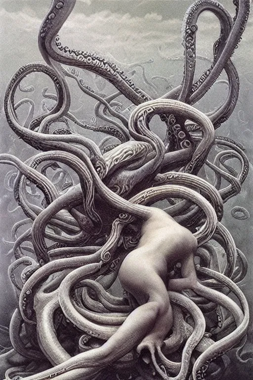 Image similar to an amazing masterpiece of art by gerald brom, Zdzisław Beksiński, tentacles