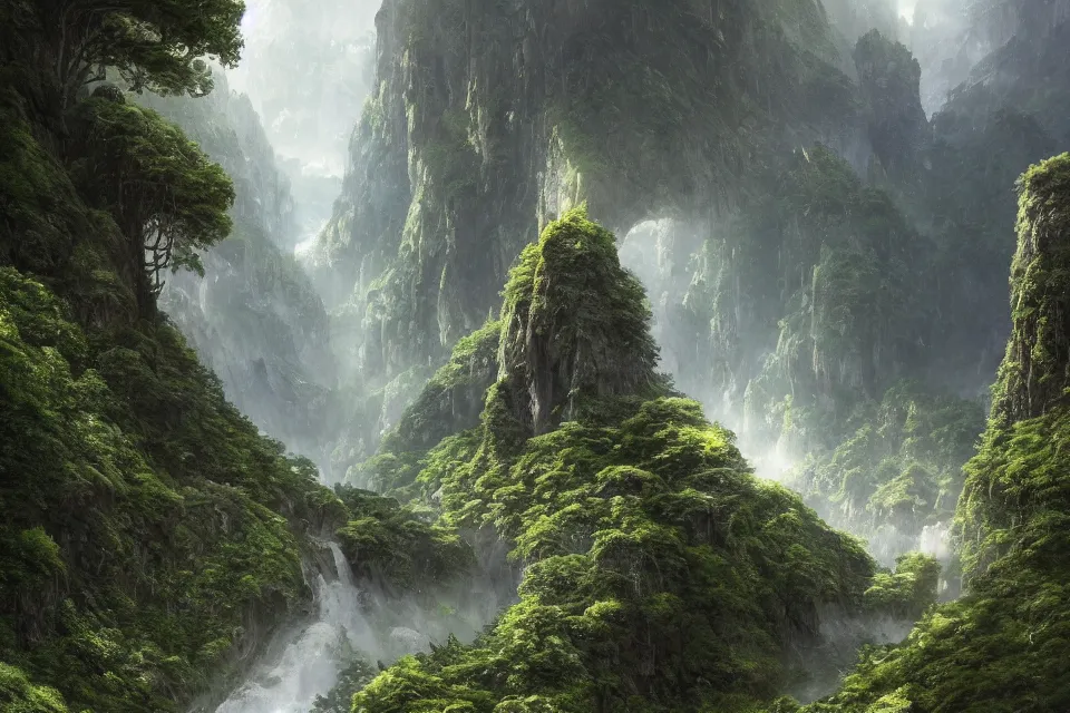 Prompt: A hyperrealistic concept art of a beautiful mountain pass full of greenery, stunning massive ornately 3d render inspired art by Renato muccillo and Andreas Rocha and Johanna Rupprecht, natural volumetric lighting, 8k octane beautifully detailed render, post-processing, highly detailed, intricate complexity, epic composition, magical atmosphere, cinematic lighting, masterpiece, trending on artstation