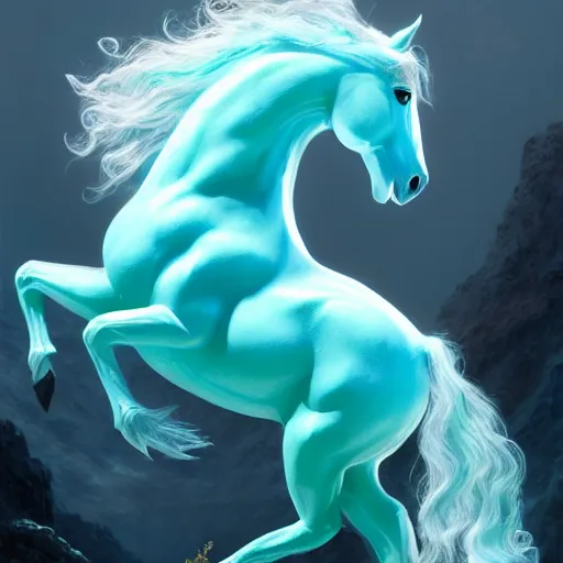 Image similar to a fantastical transparent small turquoise spirit horse made of water and foam and algae, splashing water, wave, translucent, ethereal, noble, radiant, hyperalism, scottish folklore, digital painting, artstation, concept art, smooth, 8 k frostbite 3 engine, ultra detailed, art by artgerm and greg rutkowski and magali villeneuve