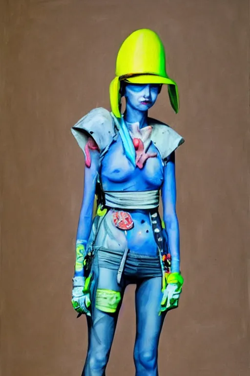 Image similar to a character wearing a diy! costume, punk, with fluo colored details and a transparent helmet, muted colors, vivienne westwood, nausicaa, hyper real painting