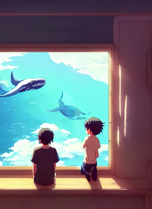 Prompt: boy and girl watching big whales flying on sky from a room window, illustration concept art anime key visual trending pixiv fanbox by wlop and greg rutkowski and makoto shinkai and studio ghibli