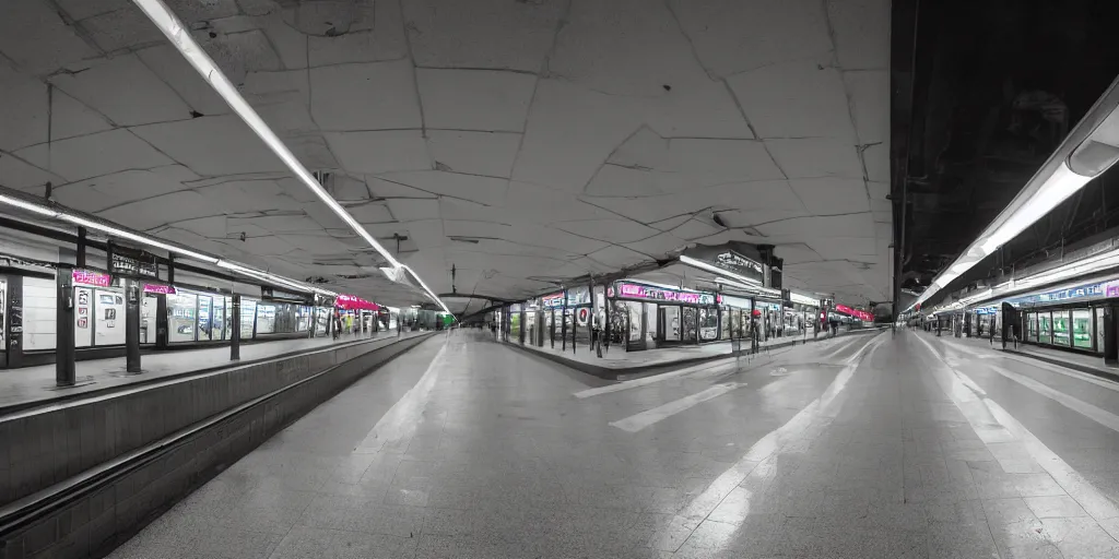 Image similar to empty subway station at night lit up by fluorescent, led and neon lights, night photography, 2 0 0 mm, f 4, canon