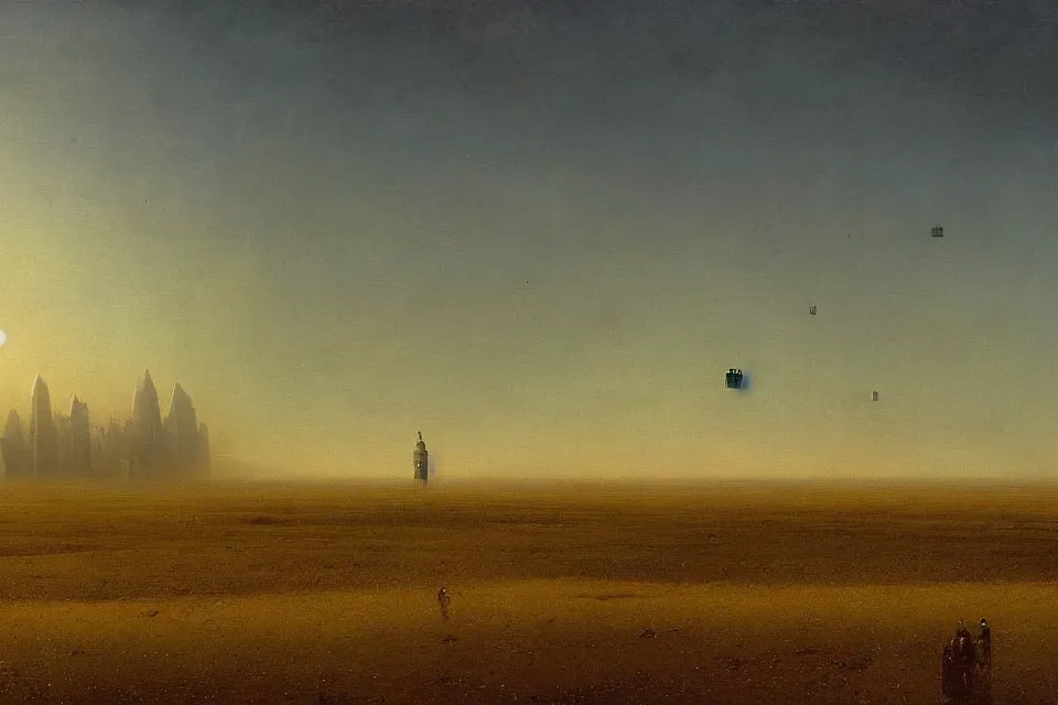 Image similar to sci-fi painting of a large alien city on the vast wheat fields, the closed back view of only one humanoid robot on the ground, by Ivan Aivazovsky, godrays, detailed